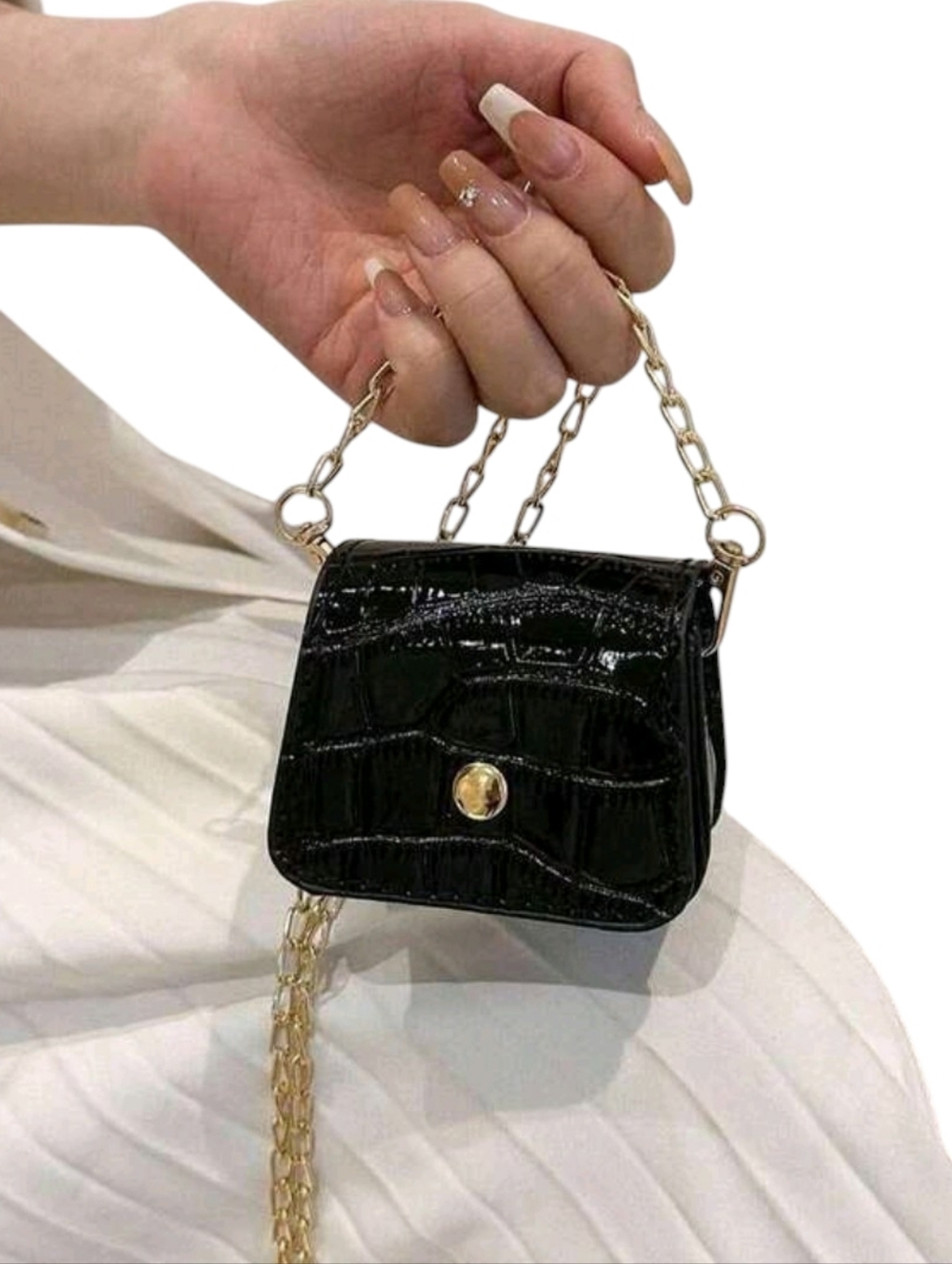 Source Unknown Black Croc-Embossed Mini Chain Bag with Gold Hardware